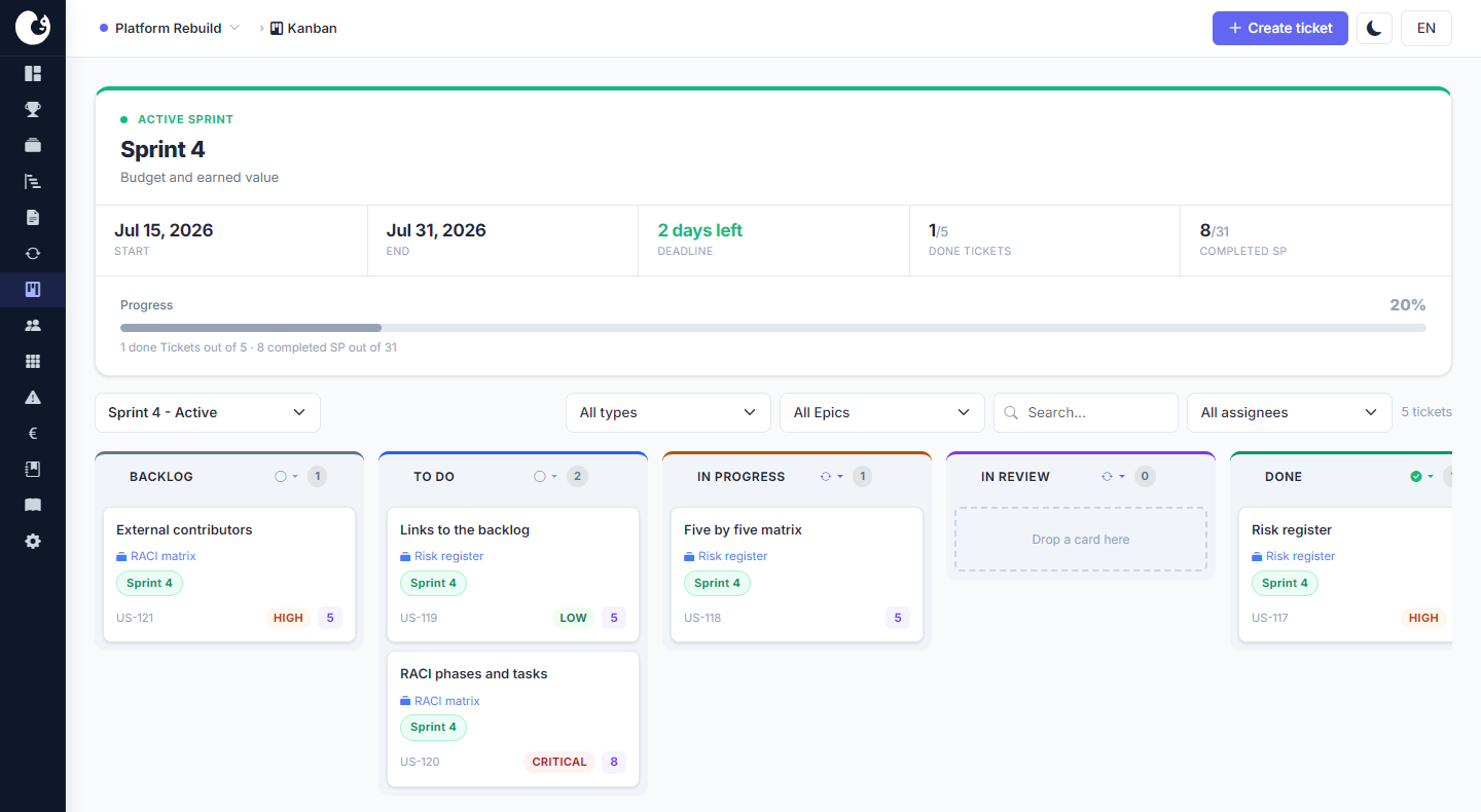 Tableau kanban de Manifst avec les colonnes Backlog, A faire, En cours, En revue et Terminé