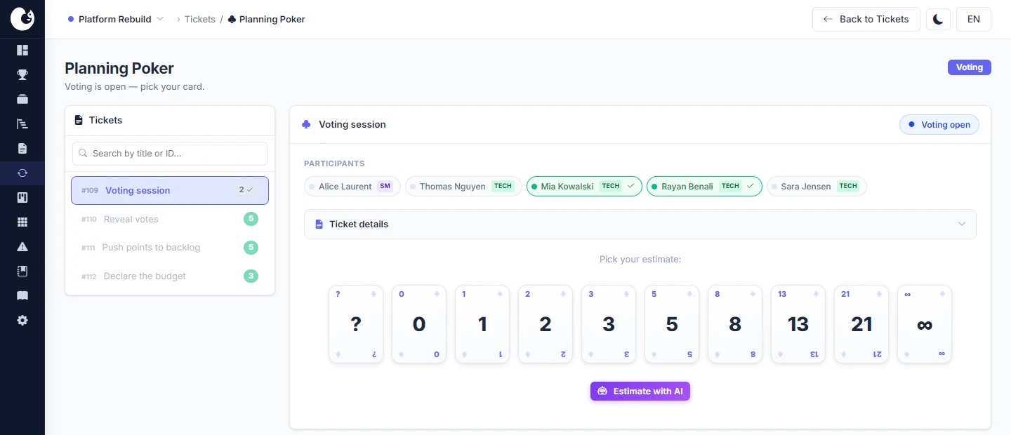 Session de planning poker : un développeur choisit sa carte d'estimation parmi 0, 1, 2, 3, 5, 8, 13, 21 et l'infini